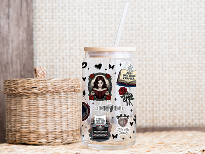 Dark Romance Reader 16oz Glass Can Wrap PNG, Gothic Book Lover Cup Wrap, Vampire Romance Libbey PNG