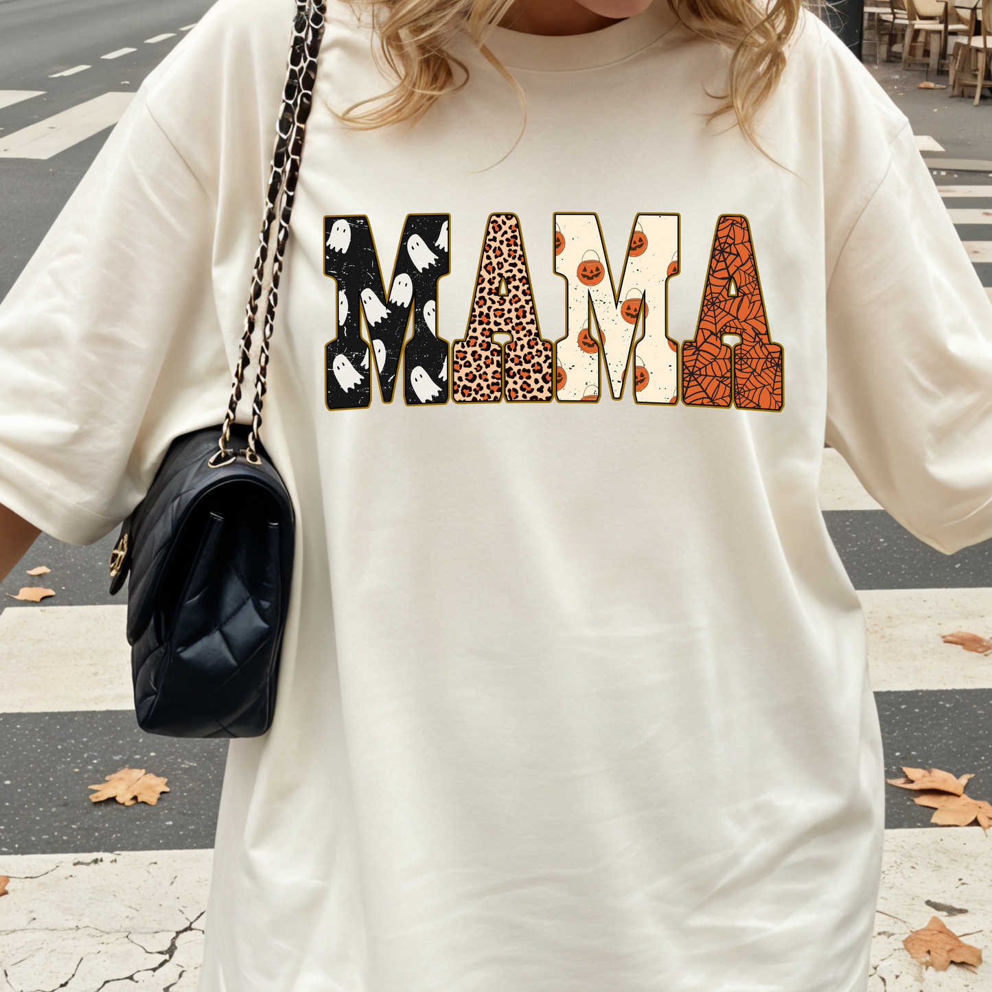 Halloween Mama PNG, Patterned Ghost Pumpkin T-Shirt Design, Spooky Mom Sublimation Graphic