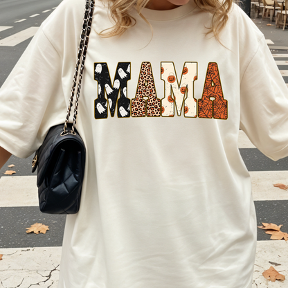 Halloween Mama PNG, Patterned Ghost Pumpkin T-Shirt Design, Spooky Mom Sublimation Graphic