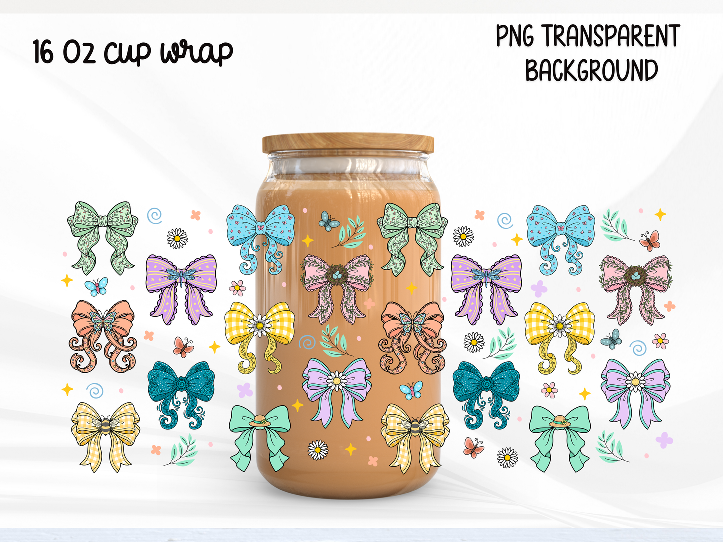 Colorful Bow 16oz Glass Can Wrap PNG, Butterfly Ribbon Cup Wrap, Spring Coquette Libbey PNG