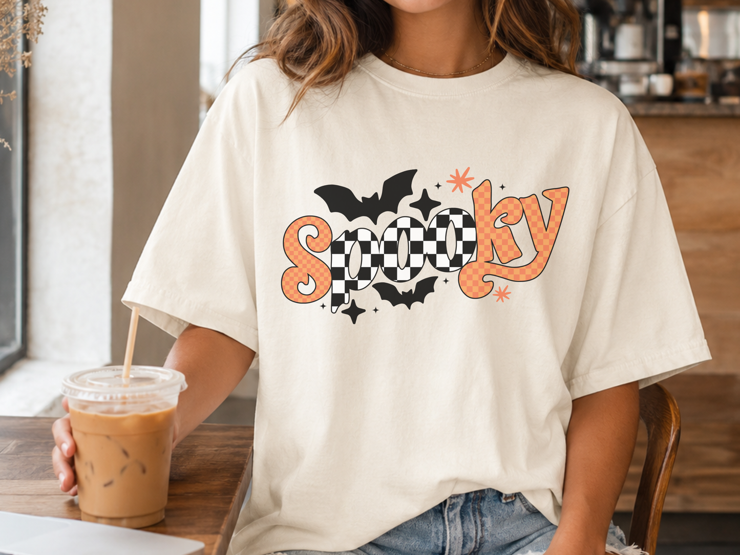 Retro Spooky PNG, Orange Checker Halloween T-Shirt Design, Bat Sublimation Graphic