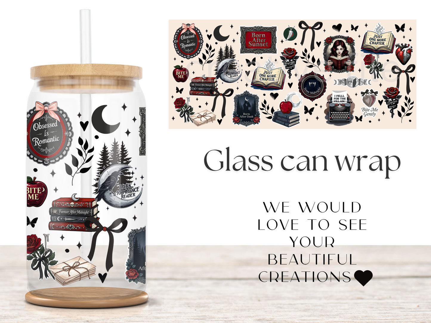 Dark Romance Reader 16oz Glass Can Wrap PNG, Gothic Book Lover Cup Wrap, Vampire Romance Libbey PNG
