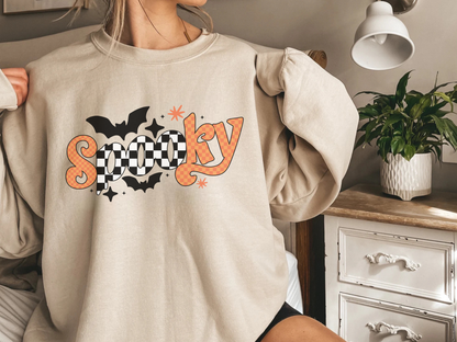 Retro Spooky PNG, Orange Checker Halloween T-Shirt Design, Bat Sublimation Graphic