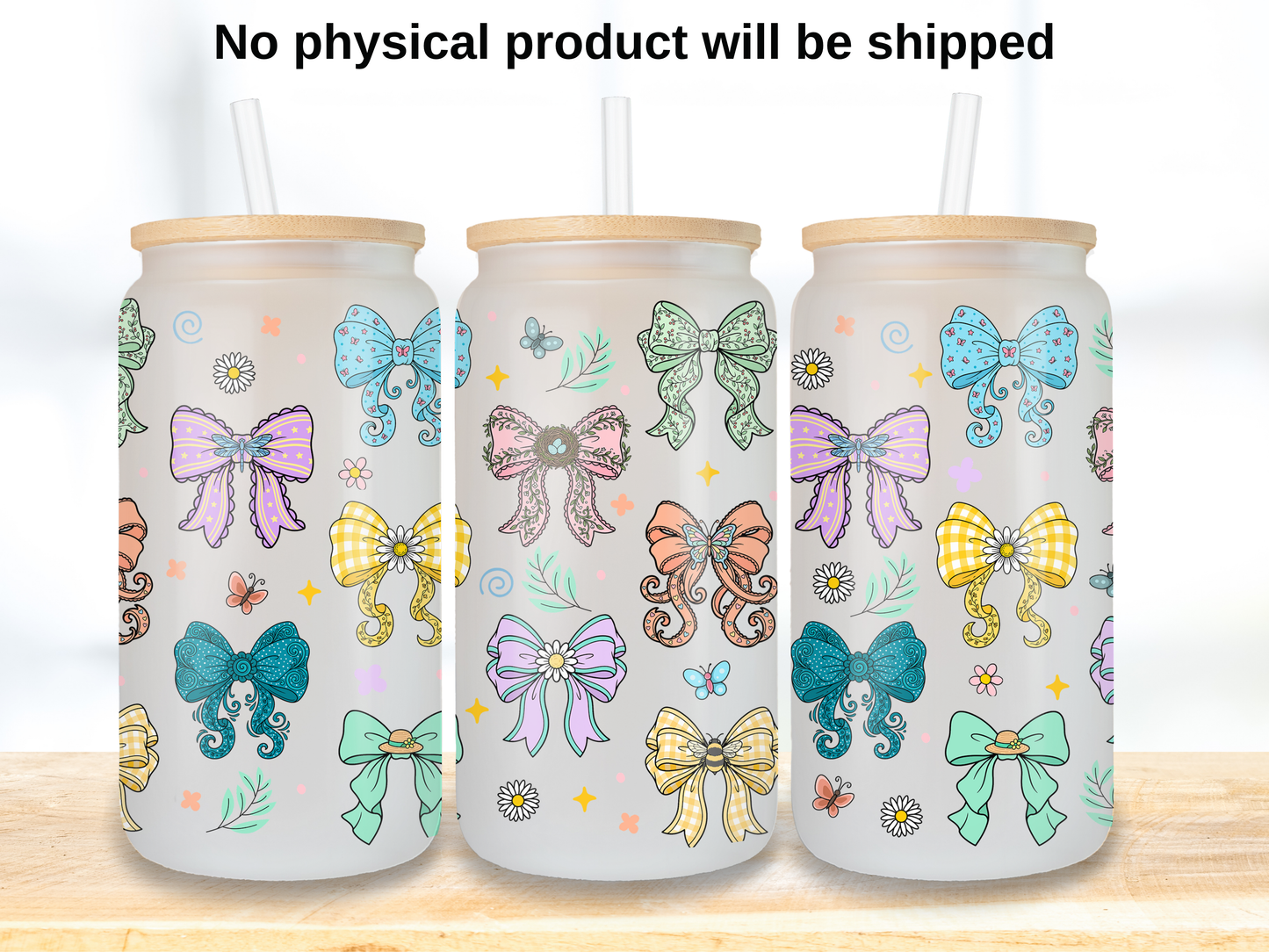Colorful Bow 16oz Glass Can Wrap PNG, Butterfly Ribbon Cup Wrap, Spring Coquette Libbey PNG
