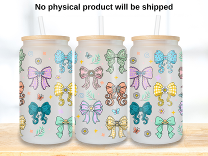 Colorful Bow 16oz Glass Can Wrap PNG, Butterfly Ribbon Cup Wrap, Spring Coquette Libbey PNG
