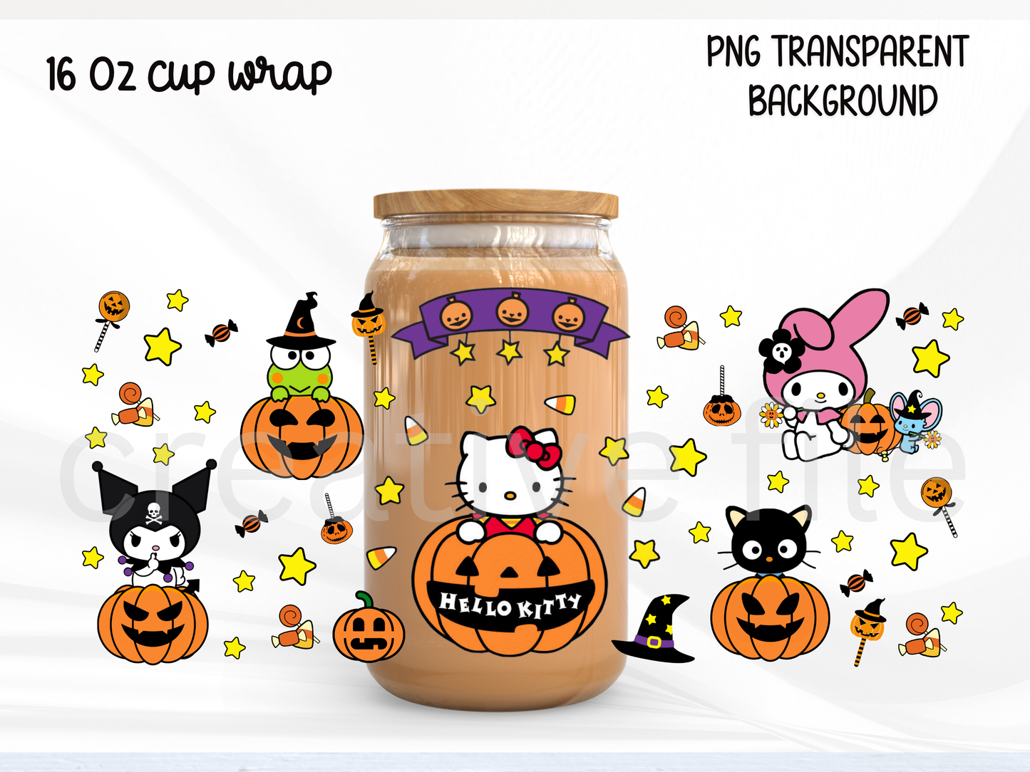 Kawaii Girly Halloween 16oz Glass Can Wrap PNG, Cute Cat Pumpkin design