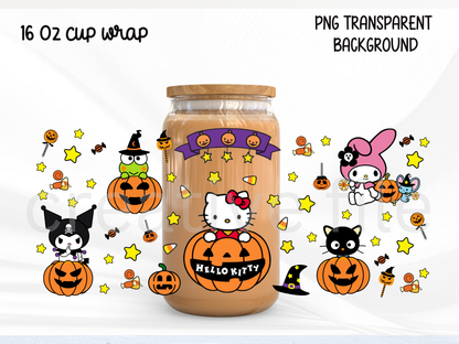 Kawaii Girly Halloween 16oz Glass Can Wrap PNG, Cute Cat Pumpkin design