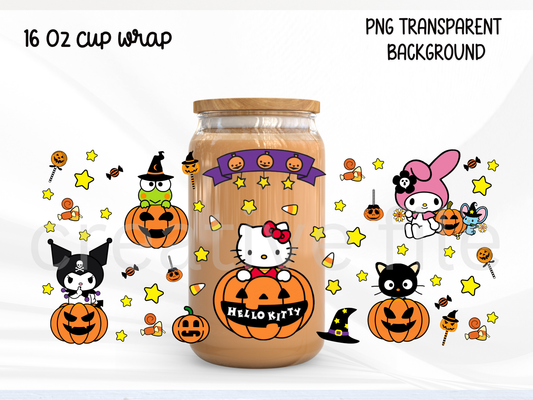 Kawaii Girly Halloween 16oz Glass Can Wrap PNG, Cute Cat Pumpkin design