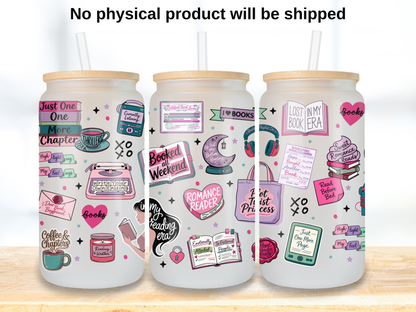 Romance Reader 16oz Glass Can Wrap PNG, Pink Bookish Cup Wrap, Book Lover Libbey Design