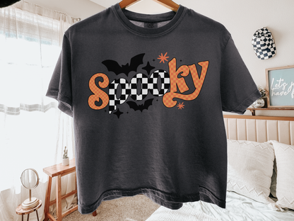 Retro Spooky PNG, Orange Checker Halloween T-Shirt Design, Bat Sublimation Graphic