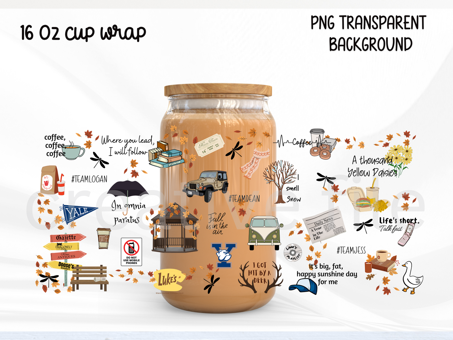 Autumn Girls Glass Can Wrap PNG, Coffee Bookish Autumn Wrap, TV Inspired PNG