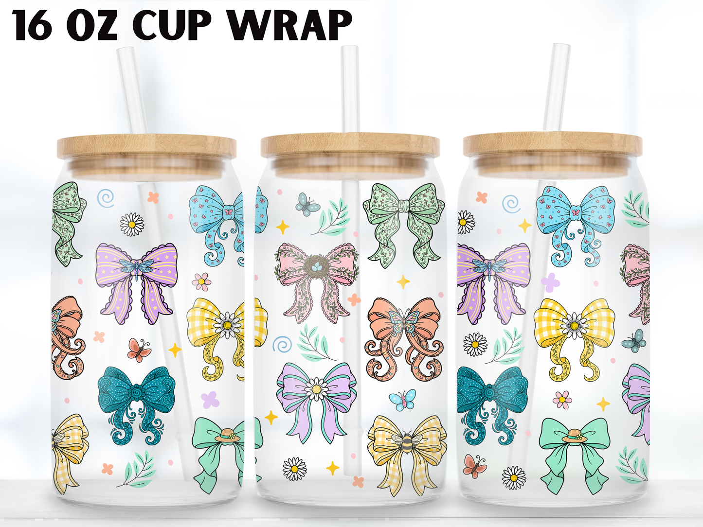 Colorful Bow 16oz Glass Can Wrap PNG, Butterfly Ribbon Cup Wrap, Spring Coquette Libbey PNG