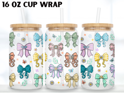 Colorful Bow 16oz Glass Can Wrap PNG, Butterfly Ribbon Cup Wrap, Spring Coquette Libbey PNG