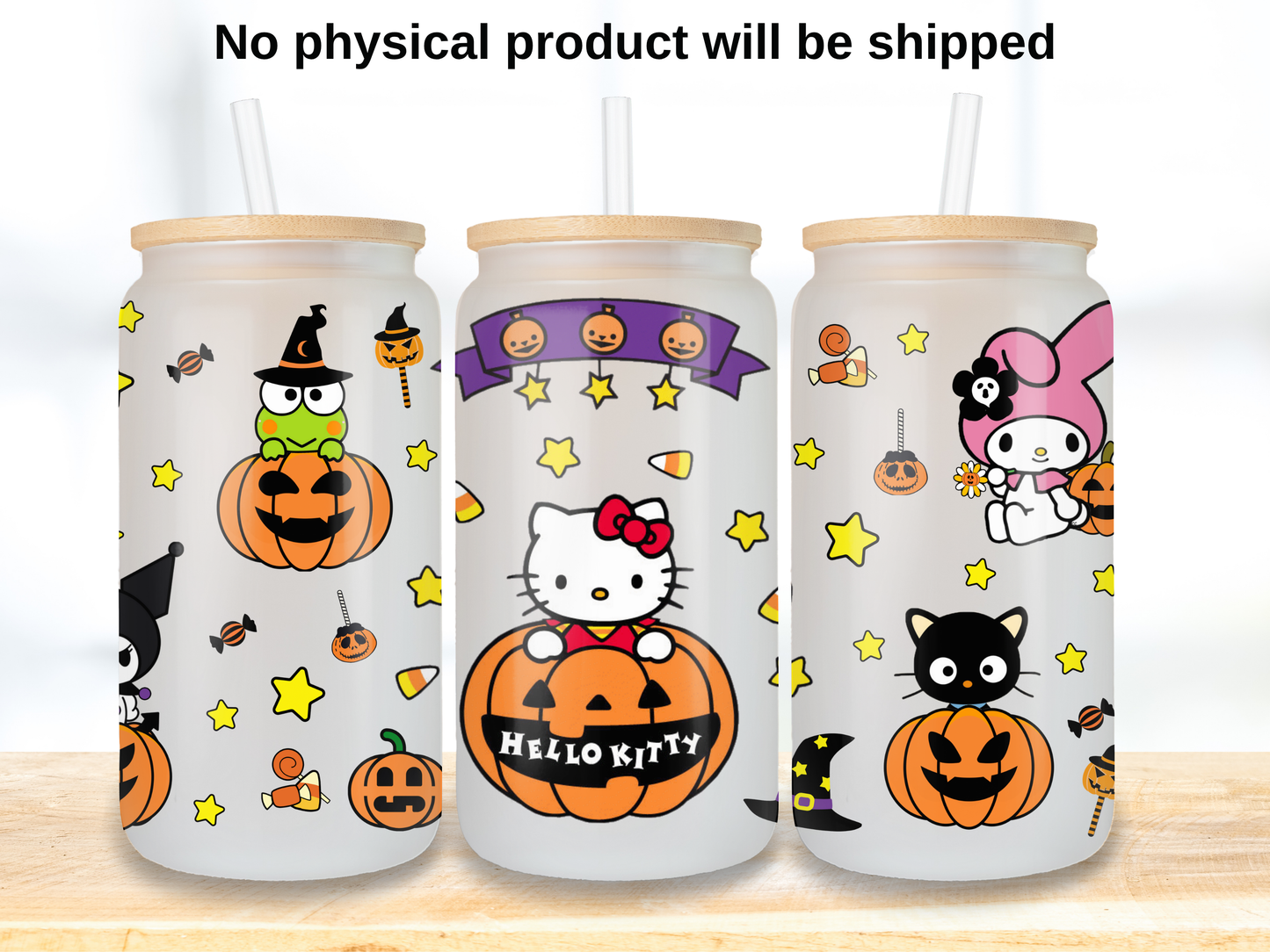 Kawaii Girly Halloween 16oz Glass Can Wrap PNG, Cute Cat Pumpkin design