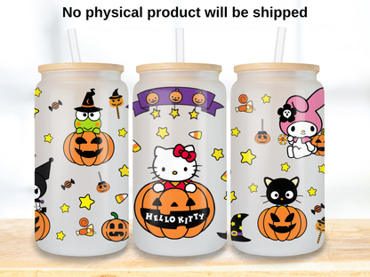 Kawaii Girly Halloween 16oz Glass Can Wrap PNG, Cute Cat Pumpkin design