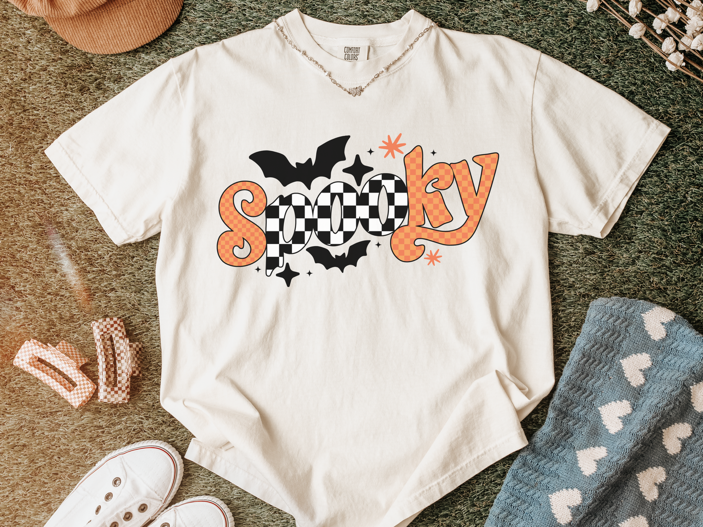 Retro Spooky PNG, Orange Checker Halloween T-Shirt Design, Bat Sublimation Graphic