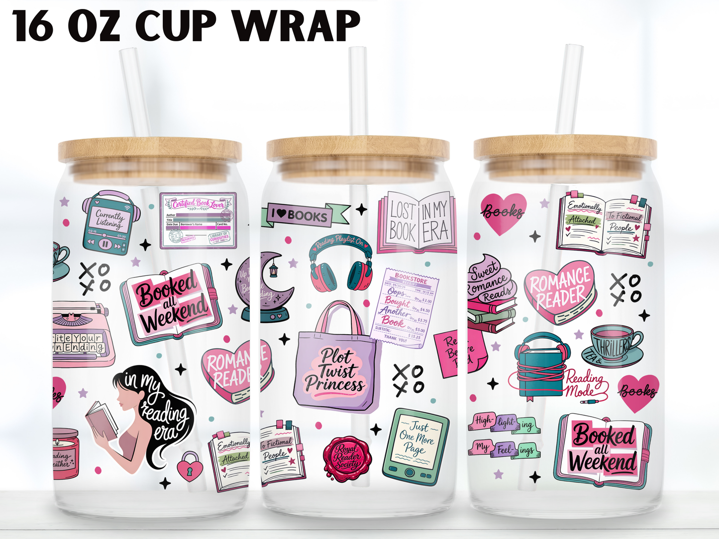 Romance Reader 16oz Glass Can Wrap PNG, Pink Bookish Cup Wrap, Book Lover Libbey Design