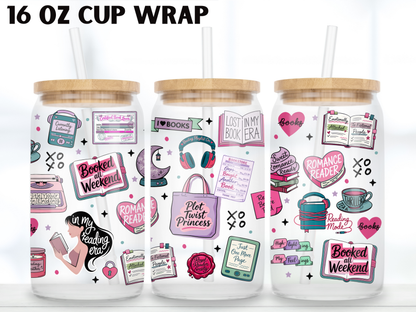 Romance Reader 16oz Glass Can Wrap PNG, Pink Bookish Cup Wrap, Book Lover Libbey Design