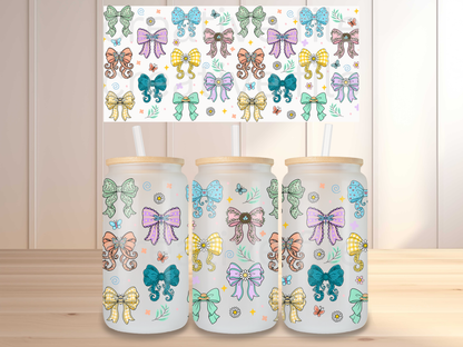 Colorful Bow 16oz Glass Can Wrap PNG, Butterfly Ribbon Cup Wrap, Spring Coquette Libbey PNG