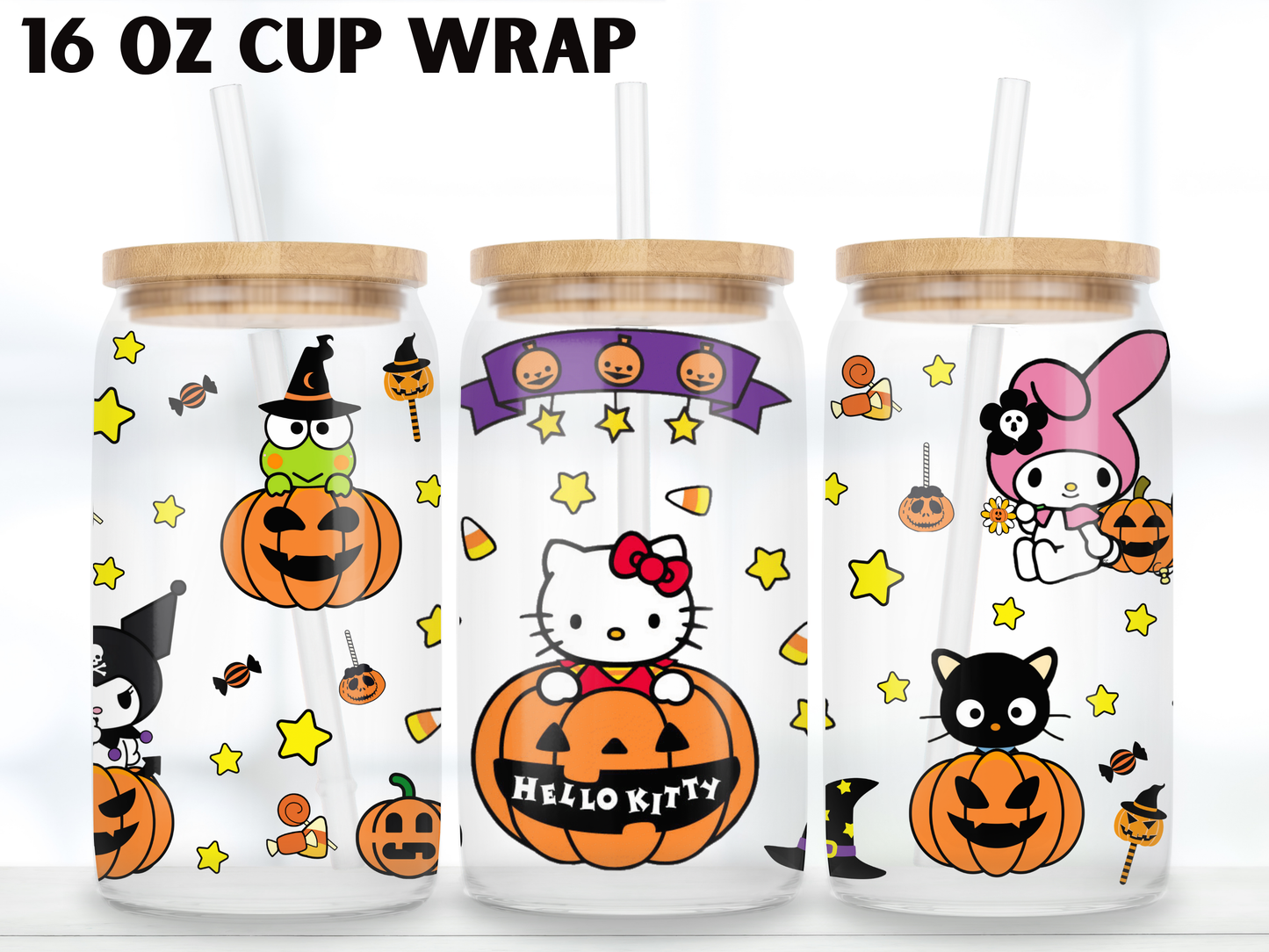 Kawaii Girly Halloween 16oz Glass Can Wrap PNG, Cute Cat Pumpkin design