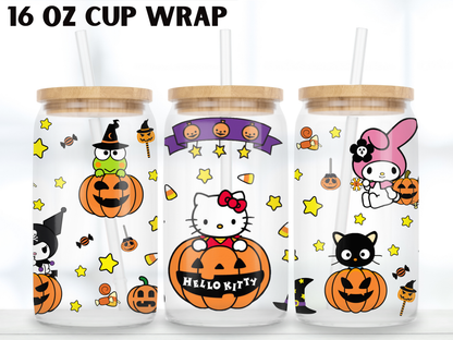 Kawaii Girly Halloween 16oz Glass Can Wrap PNG, Cute Cat Pumpkin design