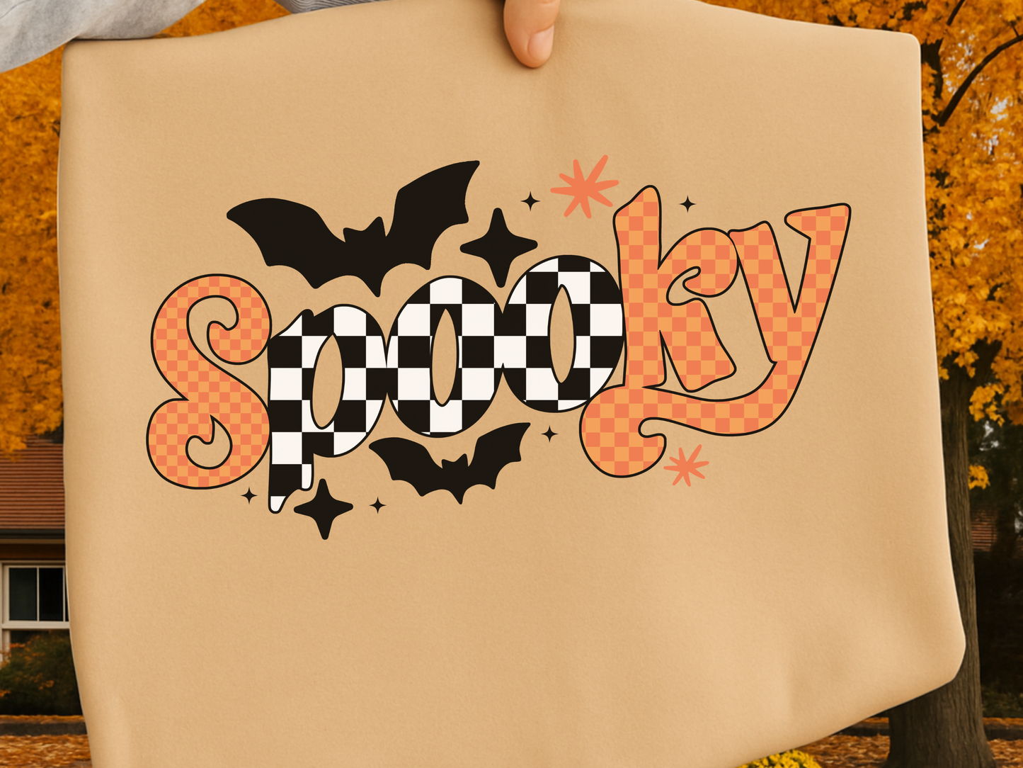 Retro Spooky PNG, Orange Checker Halloween T-Shirt Design, Bat Sublimation Graphic