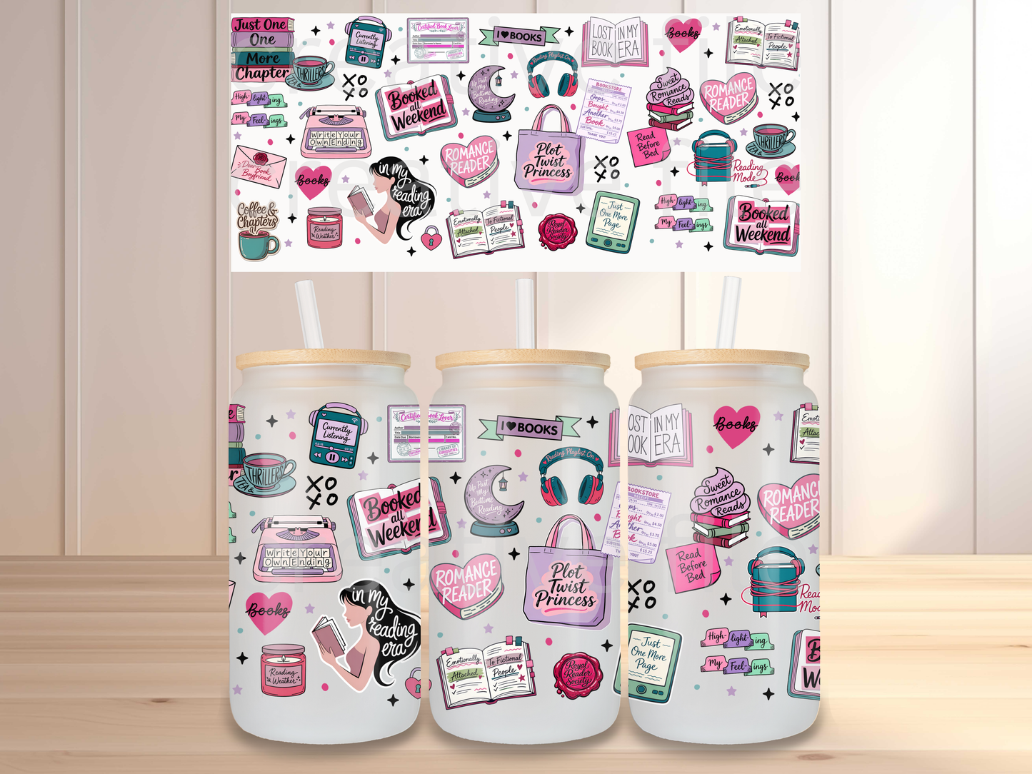 Romance Reader 16oz Glass Can Wrap PNG, Pink Bookish Cup Wrap, Book Lover Libbey Design