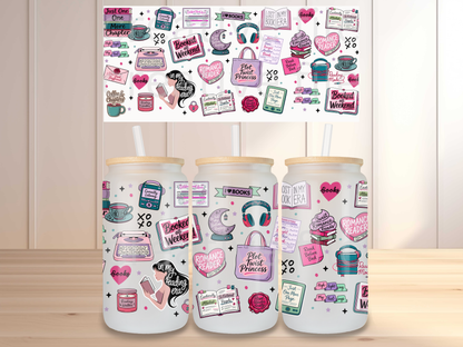 Romance Reader 16oz Glass Can Wrap PNG, Pink Bookish Cup Wrap, Book Lover Libbey Design