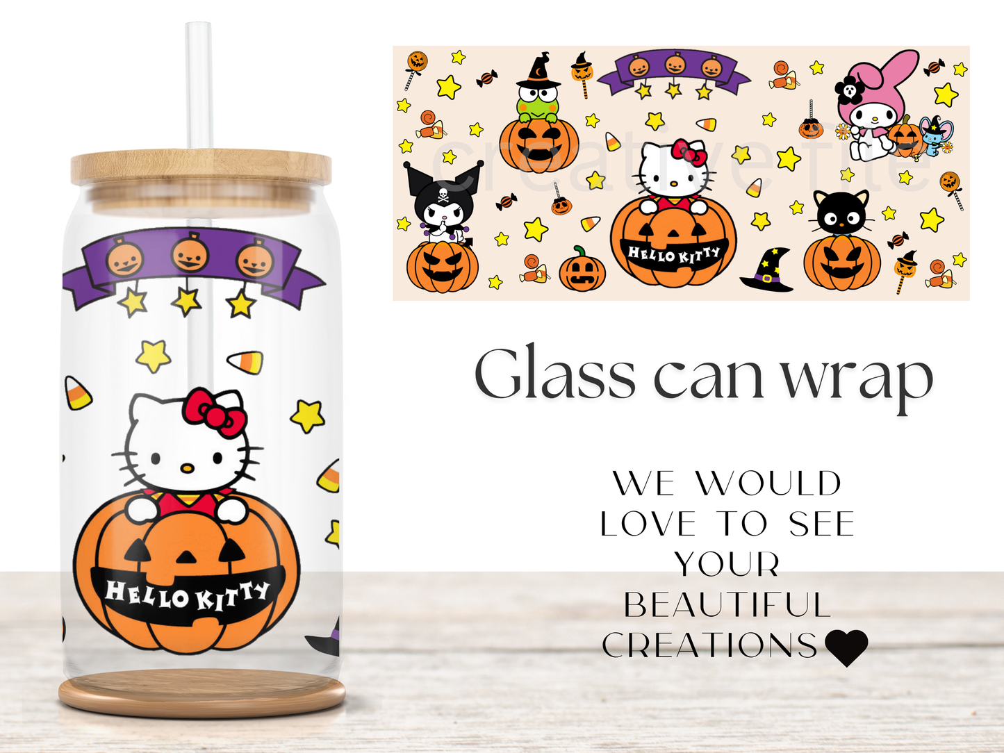 Kawaii Girly Halloween 16oz Glass Can Wrap PNG, Cute Cat Pumpkin design