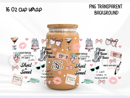 Pop Singer Glass Can Wrap PNG, Short Sweet, Girly Music Fan Libbey PNG