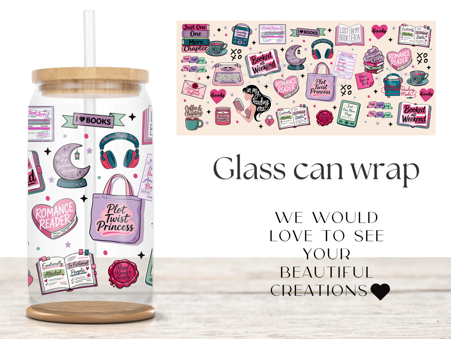 Romance Reader 16oz Glass Can Wrap PNG, Pink Bookish Cup Wrap, Book Lover Libbey Design