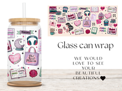 Romance Reader 16oz Glass Can Wrap PNG, Pink Bookish Cup Wrap, Book Lover Libbey Design