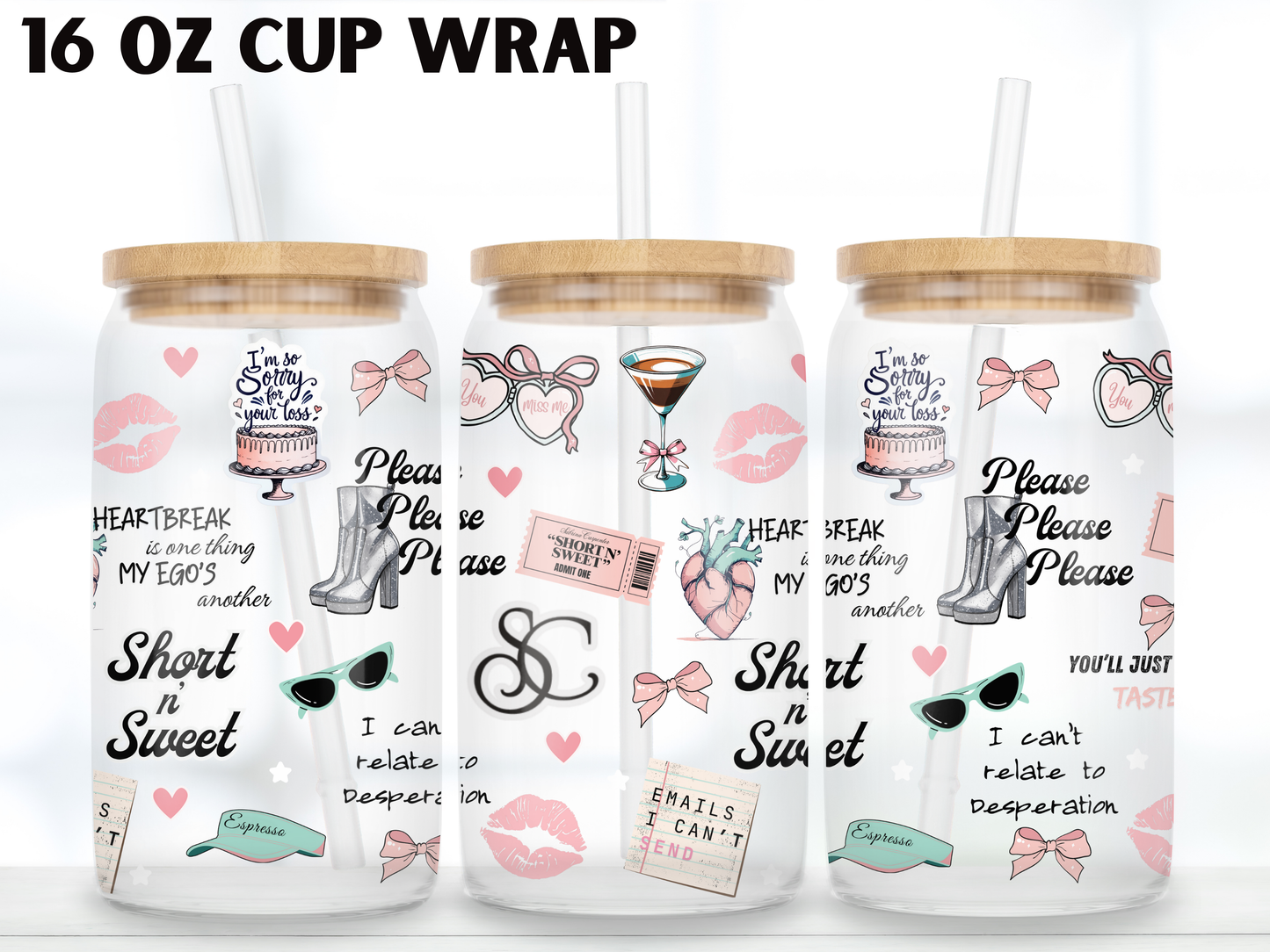 Pop Singer Glass Can Wrap PNG, Short Sweet, Girly Music Fan Libbey PNG