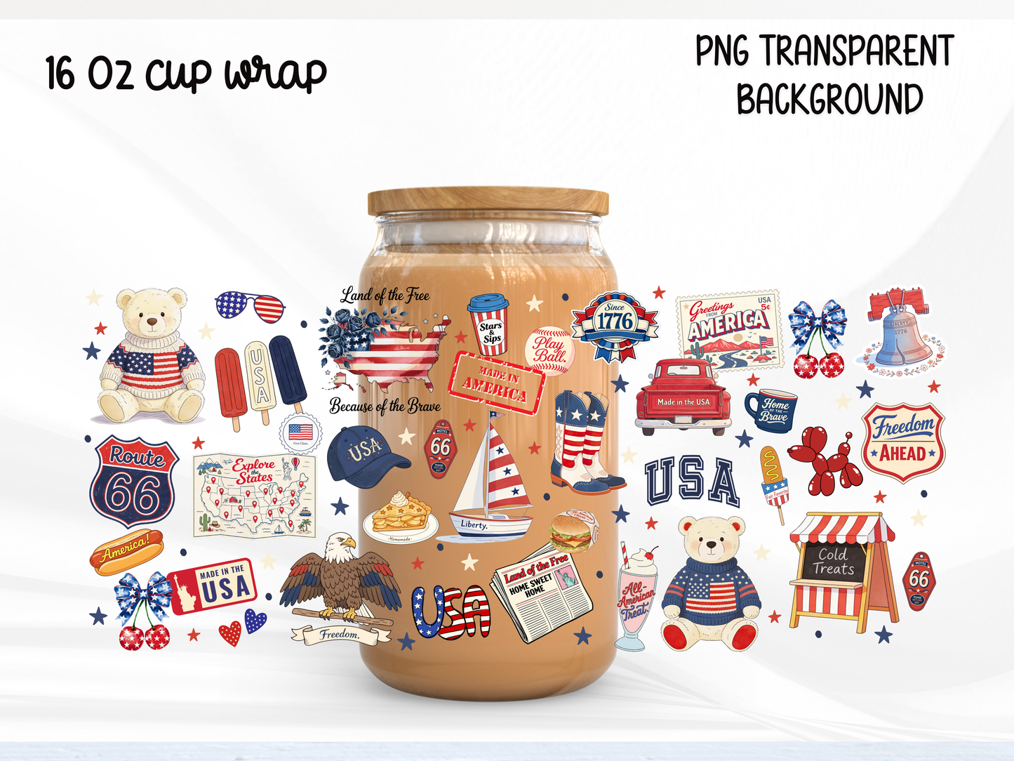 Patriotic USA 16oz Glass Can Wrap PNG, America Cup Wrap