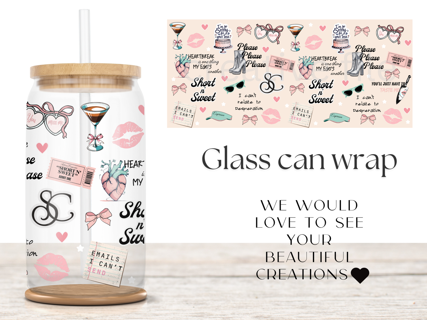 Pop Singer Glass Can Wrap PNG, Short Sweet, Girly Music Fan Libbey PNG