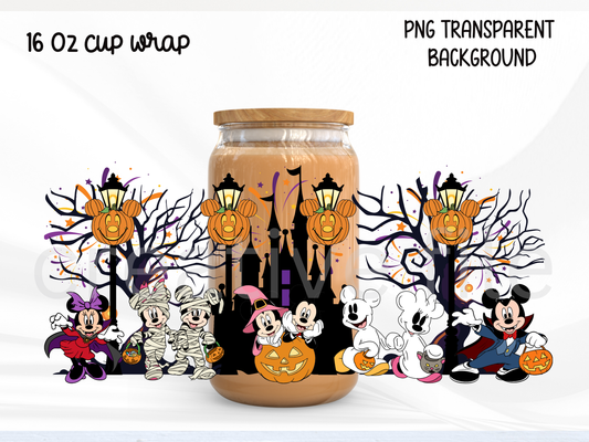 Halloween Mouse Castle 16oz Glass Can Wrap PNG, Spooky Park Cup Wrap