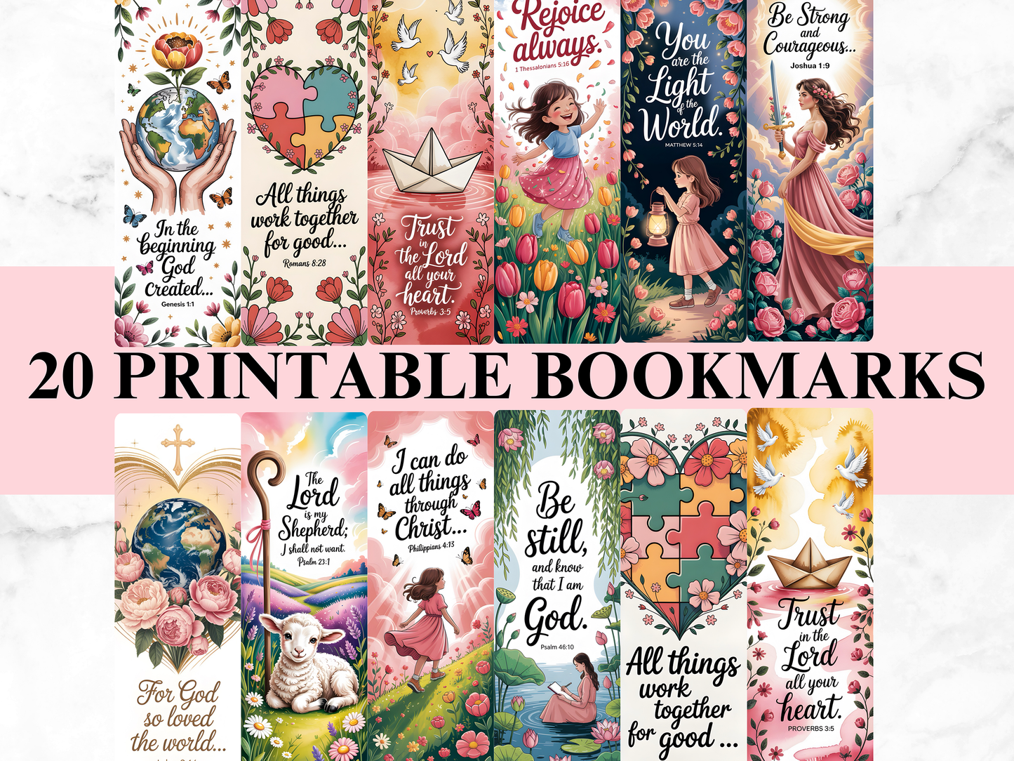 Printable Bible Verse Bookmarks Bundle, Christian Scripture Bookmarks Digital Download