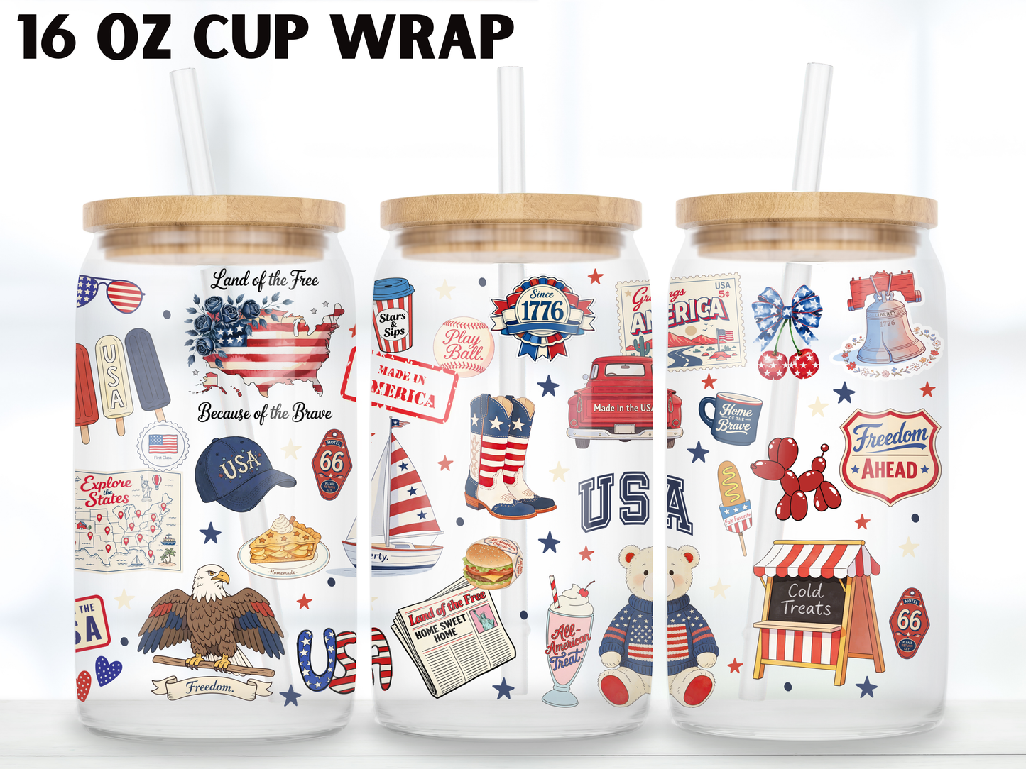 Patriotic USA 16oz Glass Can Wrap PNG, America Cup Wrap