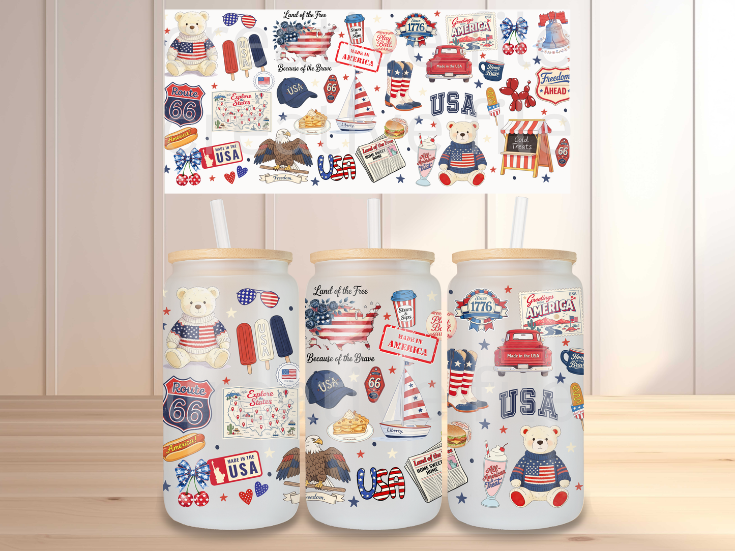 Patriotic USA 16oz Glass Can Wrap PNG, America Cup Wrap