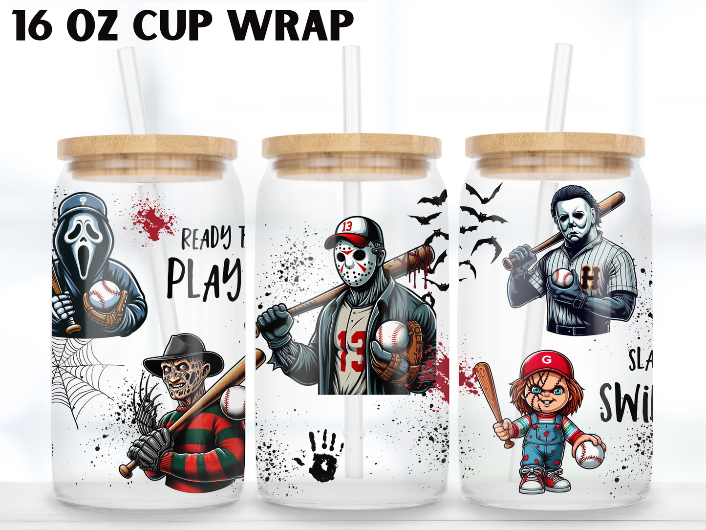 Horror Baseball Glass Can Wrap PNG, Slasher Movie Cup Wrap