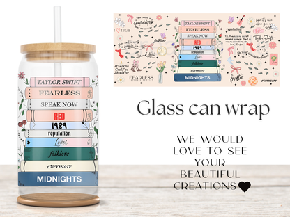 Pop Music Album Stack Glass Can Wrap design, Bookish cup design, Music Lover graphic
