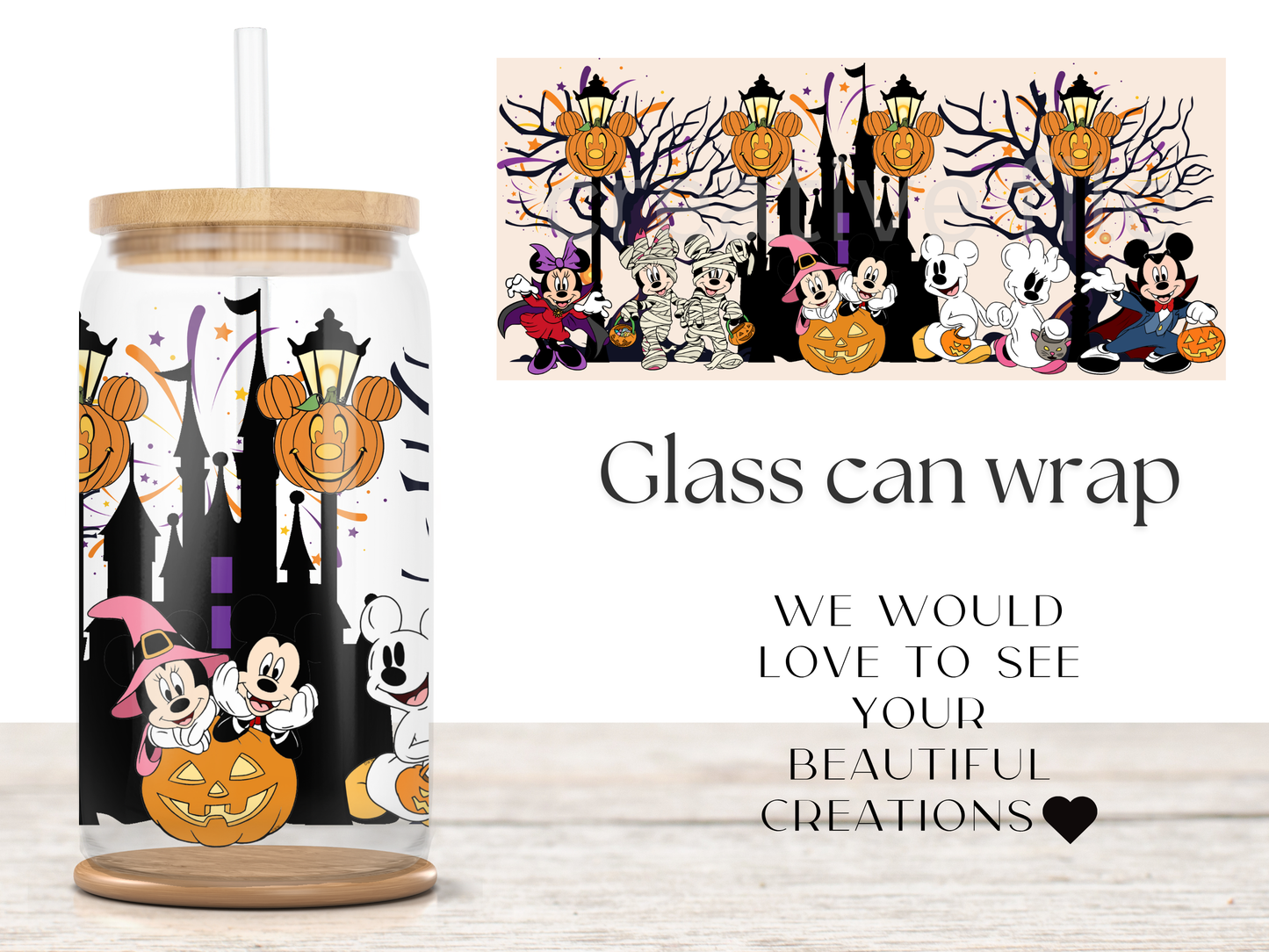 Halloween Mouse Castle 16oz Glass Can Wrap PNG, Spooky Park Cup Wrap