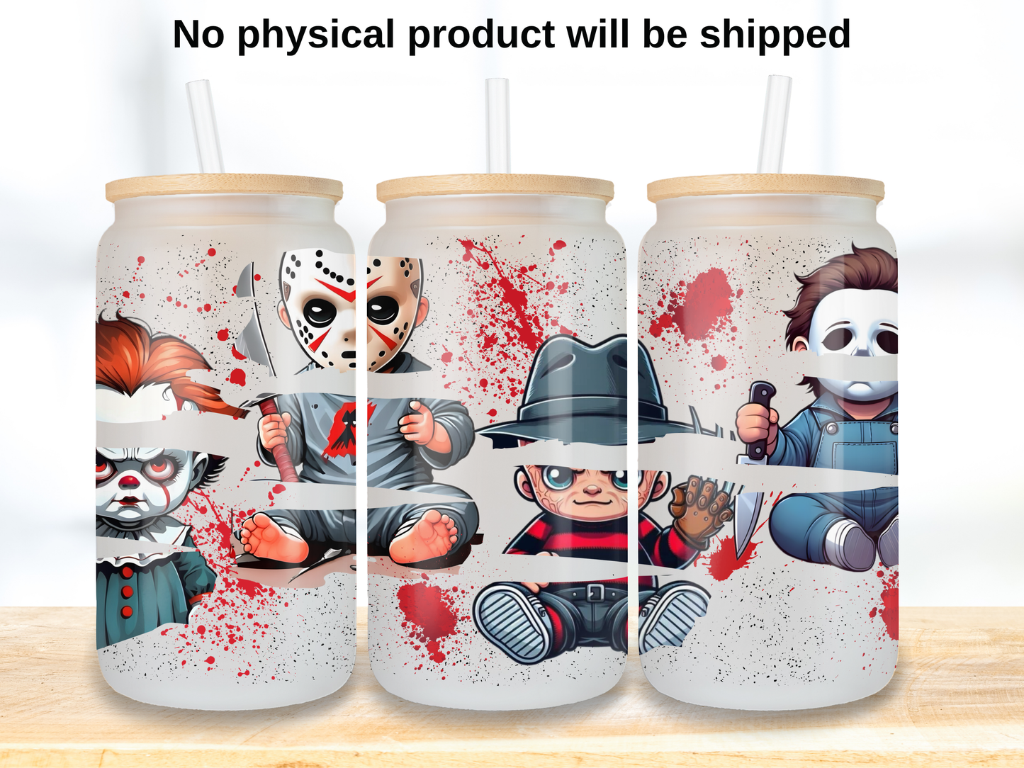 Cute Horror Villains 16oz Glass Can Wrap PNG, Spooky Movie Killer Cup Wrap