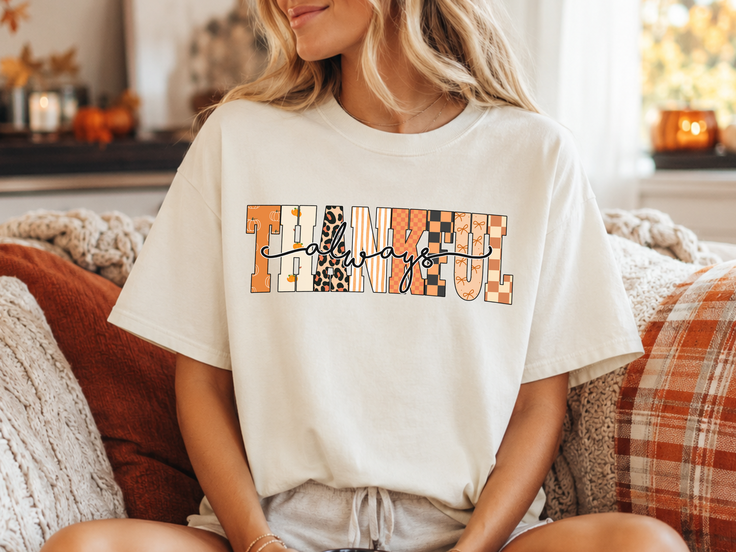 Thankful Always PNG, Patterned Fall T-Shirt Design, Autumn Thanksgiving Sublimation Graphic