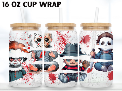 Cute Horror Villains 16oz Glass Can Wrap PNG, Spooky Movie Killer Cup Wrap