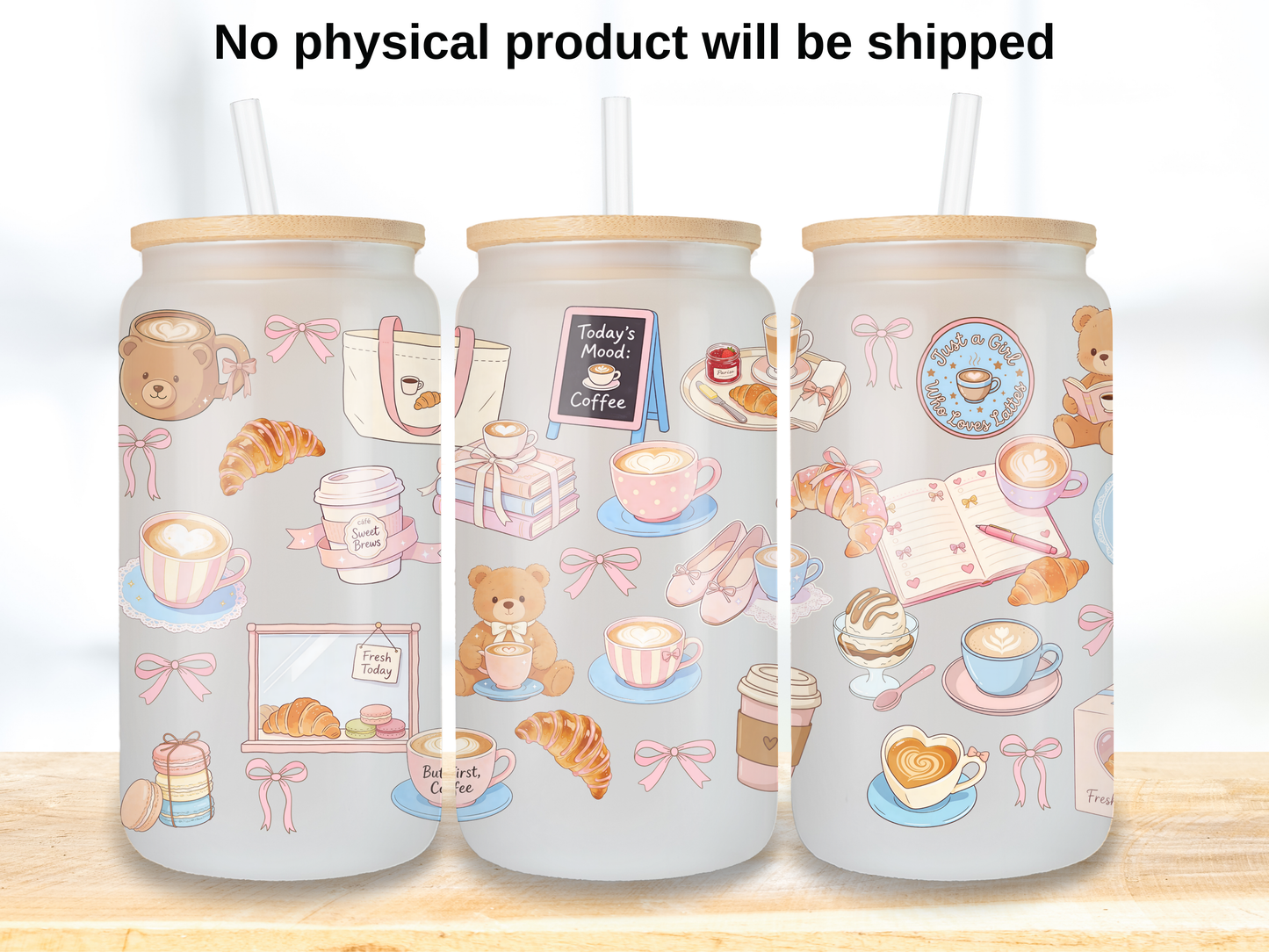 Coquette Coffee 16oz Glass Can Wrap PNG, Pink Cafe Cup Wrap, Croissant Latte Libbey Design