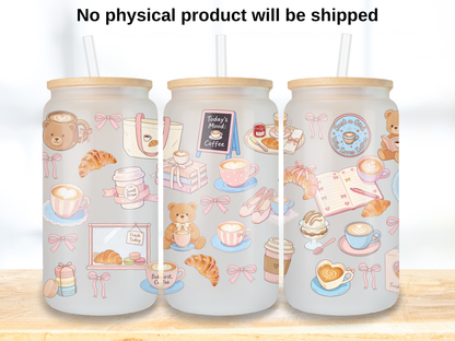 Coquette Coffee 16oz Glass Can Wrap PNG, Pink Cafe Cup Wrap, Croissant Latte Libbey Design