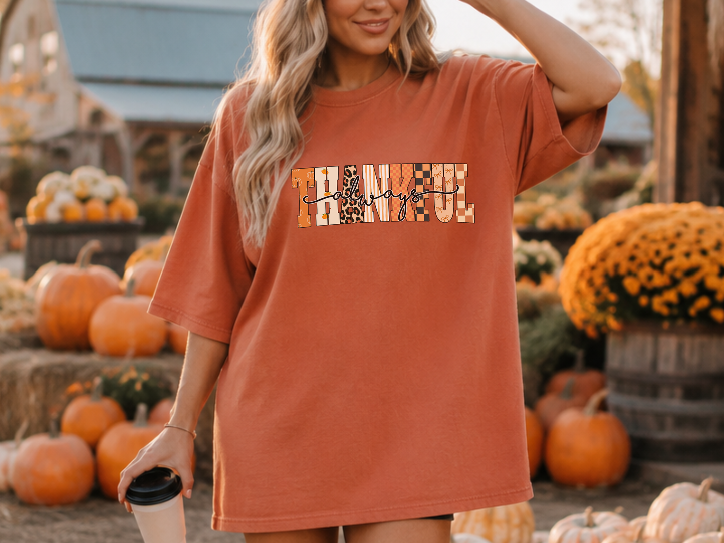 Thankful Always PNG, Patterned Fall T-Shirt Design, Autumn Thanksgiving Sublimation Graphic