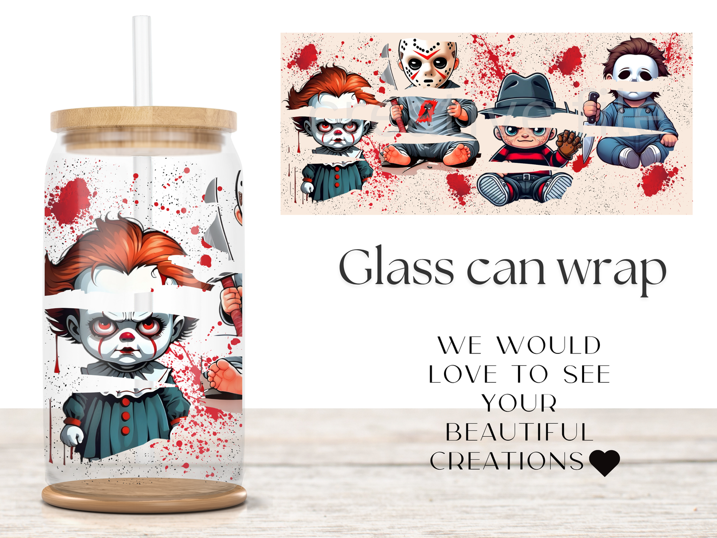 Cute Horror Villains 16oz Glass Can Wrap PNG, Spooky Movie Killer Cup Wrap