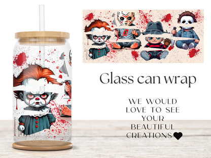 Cute Horror Villains 16oz Glass Can Wrap PNG, Spooky Movie Killer Cup Wrap